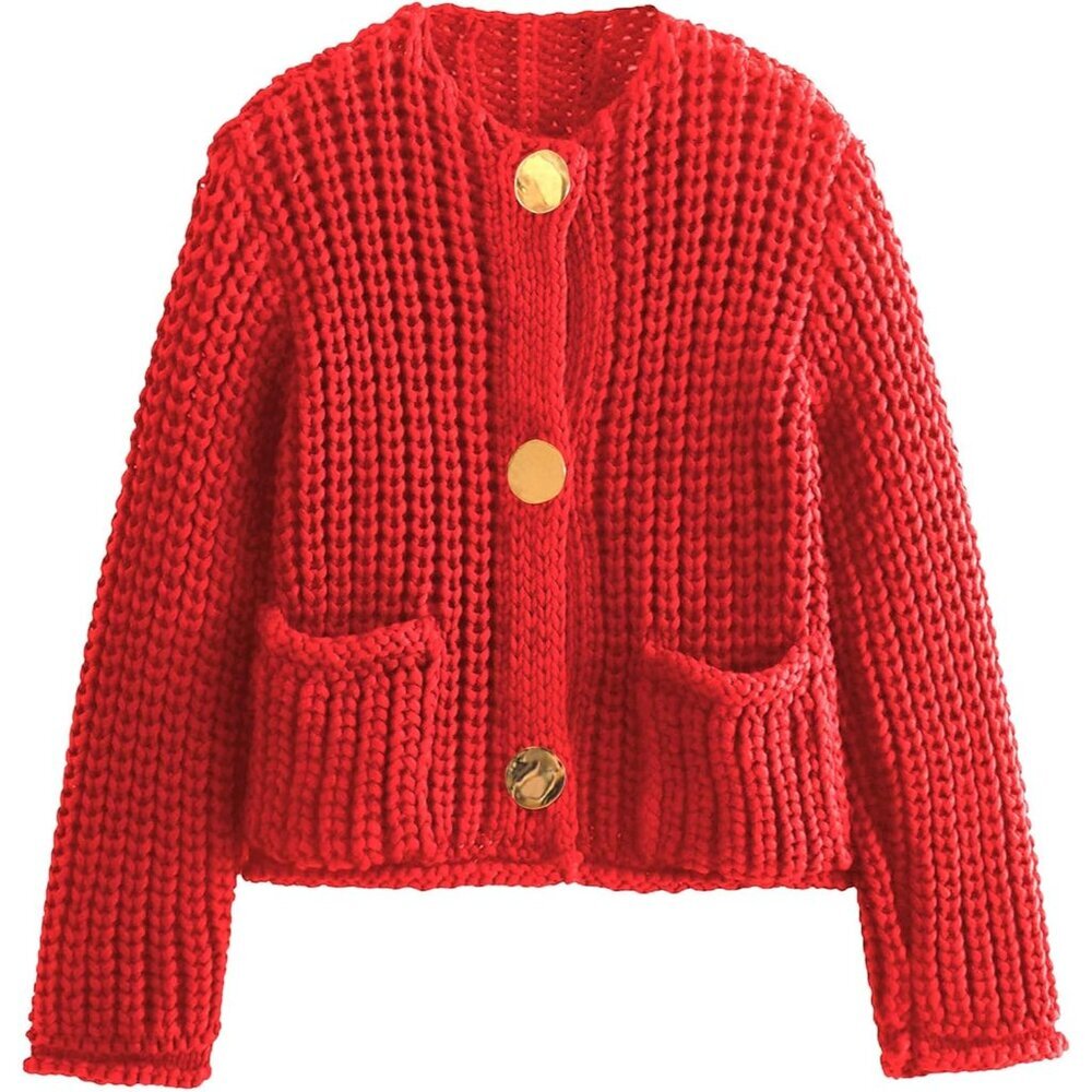 Elegant Women's Long Sleeve Cropped Cardigan - Button-Down Knit Sweater in Red - Picture 1 of 7